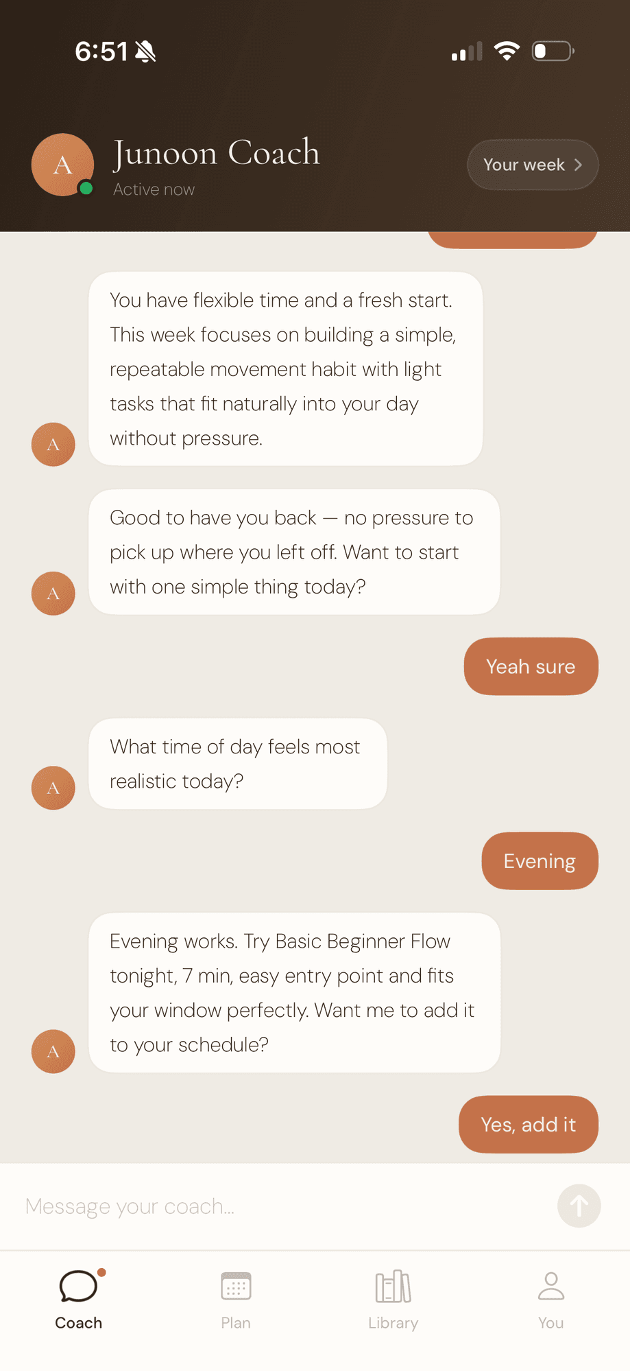 Junoon AI coach conversation showing a personalised weekly plan