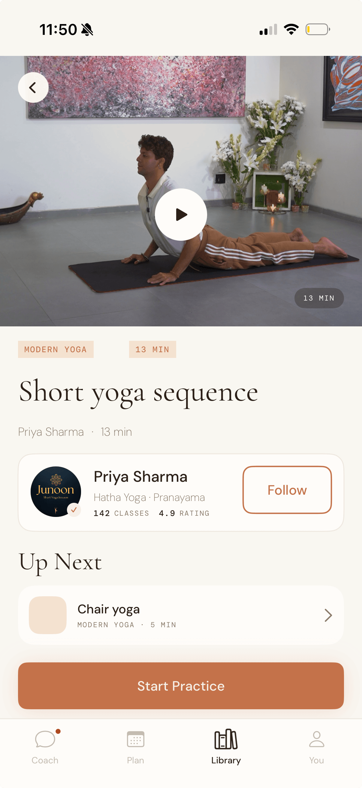 Junoon practice library showing yoga and movement videos